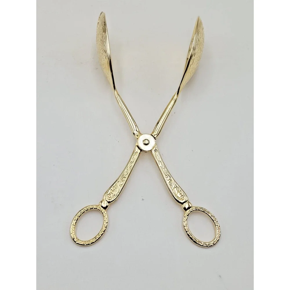 Gold Tone Ornate Floral Tongs EP Zinc Alloy 8 Inch Serving Utensil